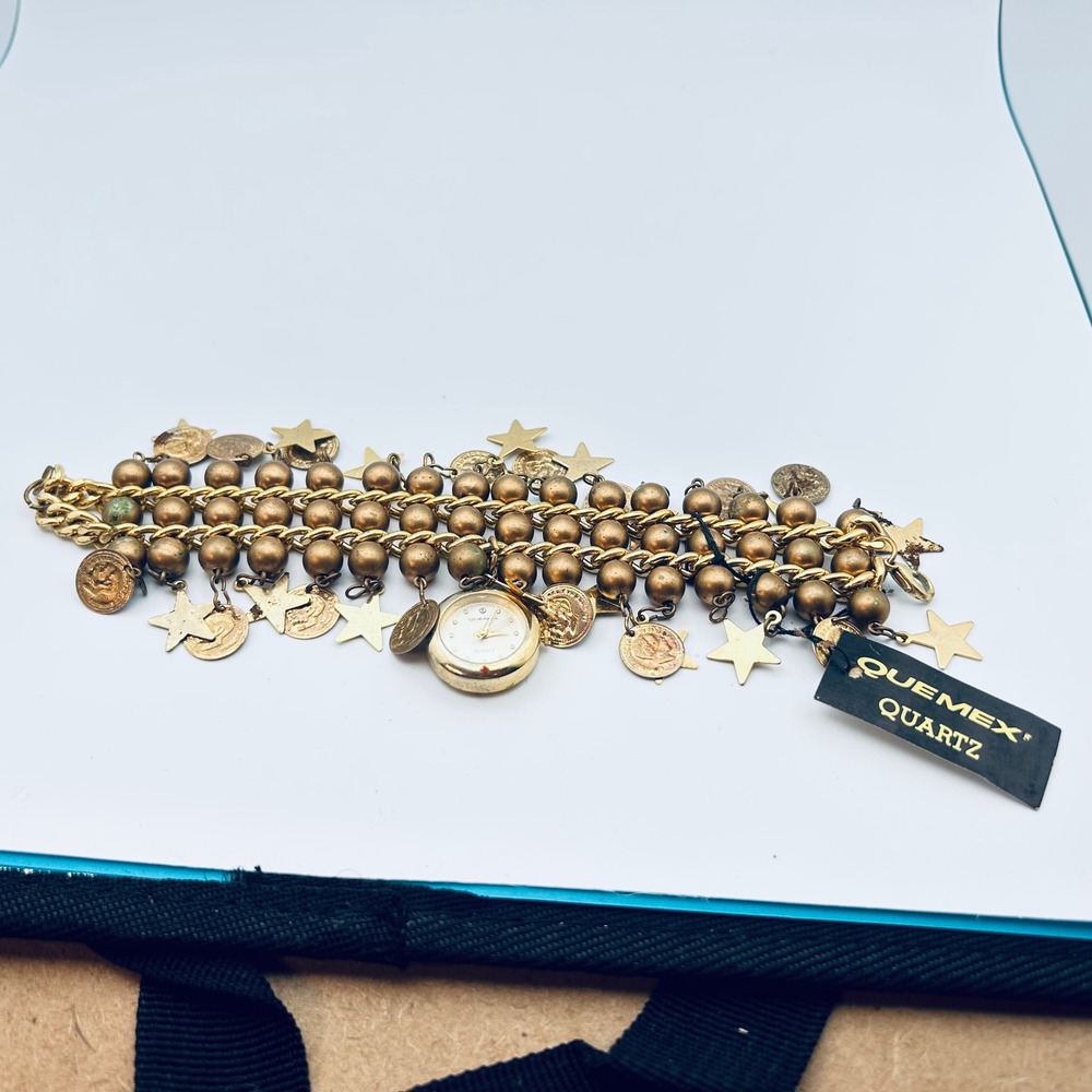 Vintage Enmex Quartz Charm Bracelet Watch – Gold Tone Stars & Coins Boho - Picture 11 of 13